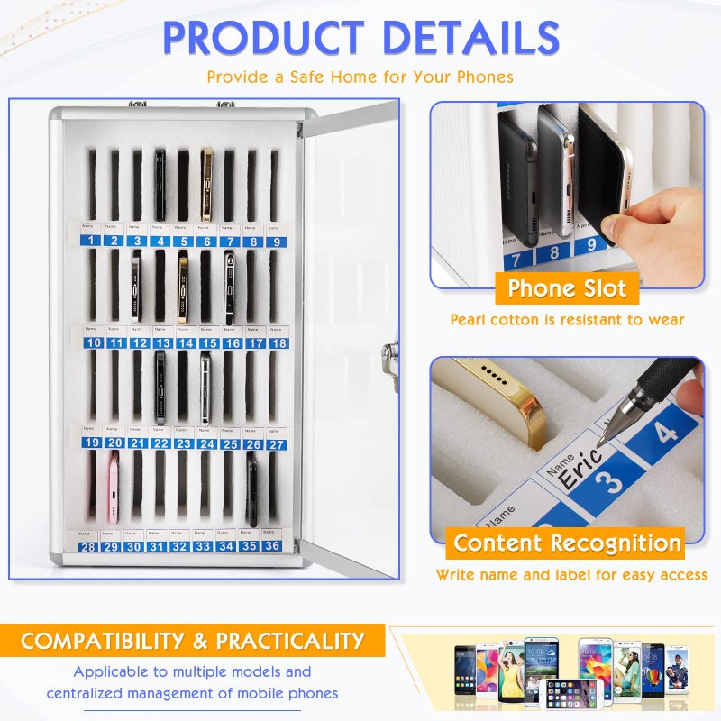 Ozzptuu 36 Slots Aluminum Alloy Pocket Chart Storage Cabinet for Cell Phones,Wall-Mounted with a Locked,Can be Carried by Hand (36 Slots) - Image 4